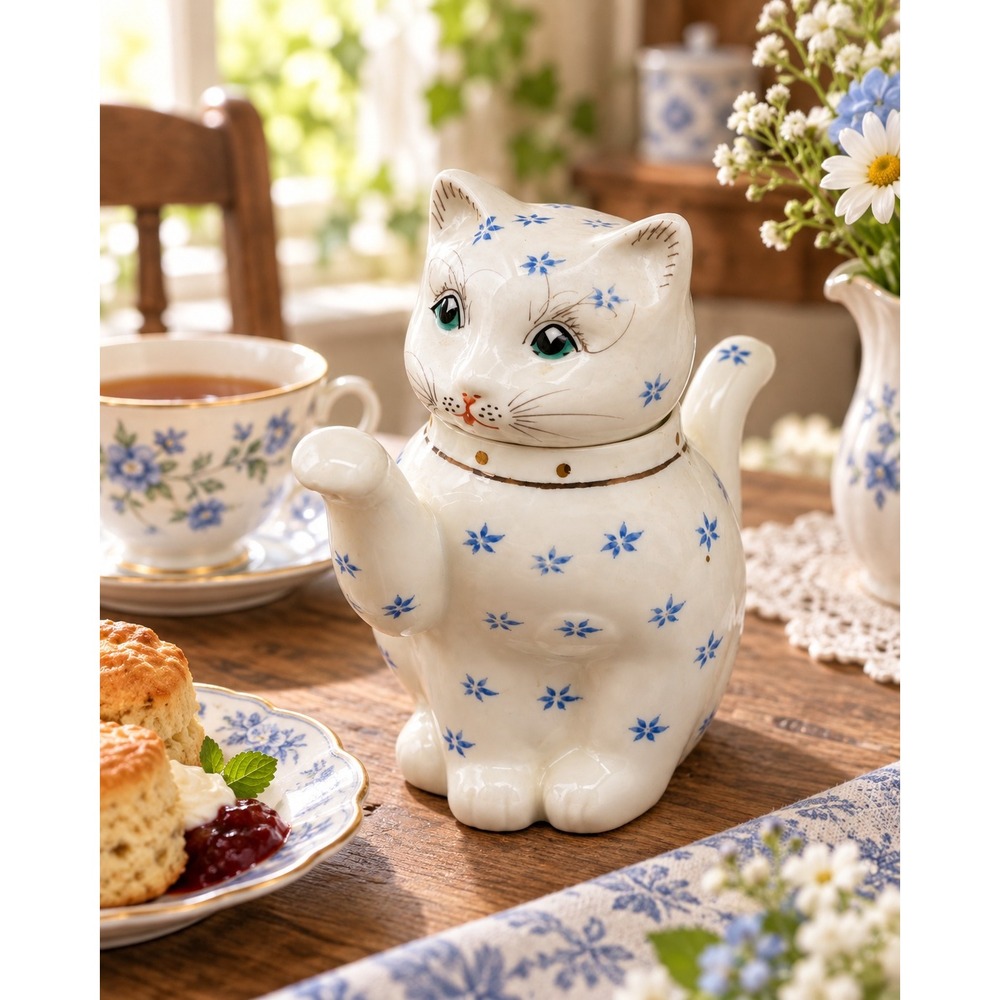 Vintage 1990s Porcelain Cat Teapot Blue Floral Kitty Head Lid Made in China